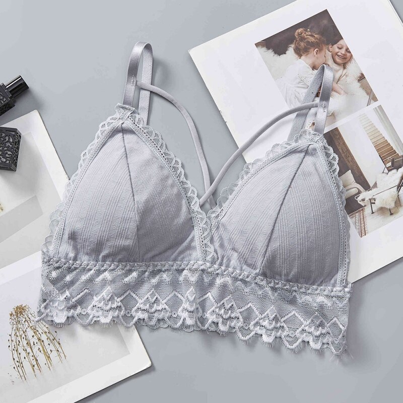 Effen Kleur Sexy Kant Gewatteerde Bras Schoonheid Terug Dunne Buis Top Criss-Cross Strap Verpakt Borst Vrouwen Sexy Bras lingerie: Grijs