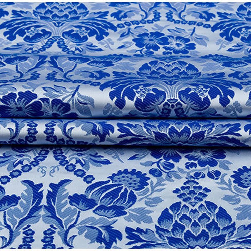 1 Yard Blue and White Porcelain Polyester Jacquaral Dress Fabric Chinese Traditional Silk Brocade Fabric Cheongsam Clothing