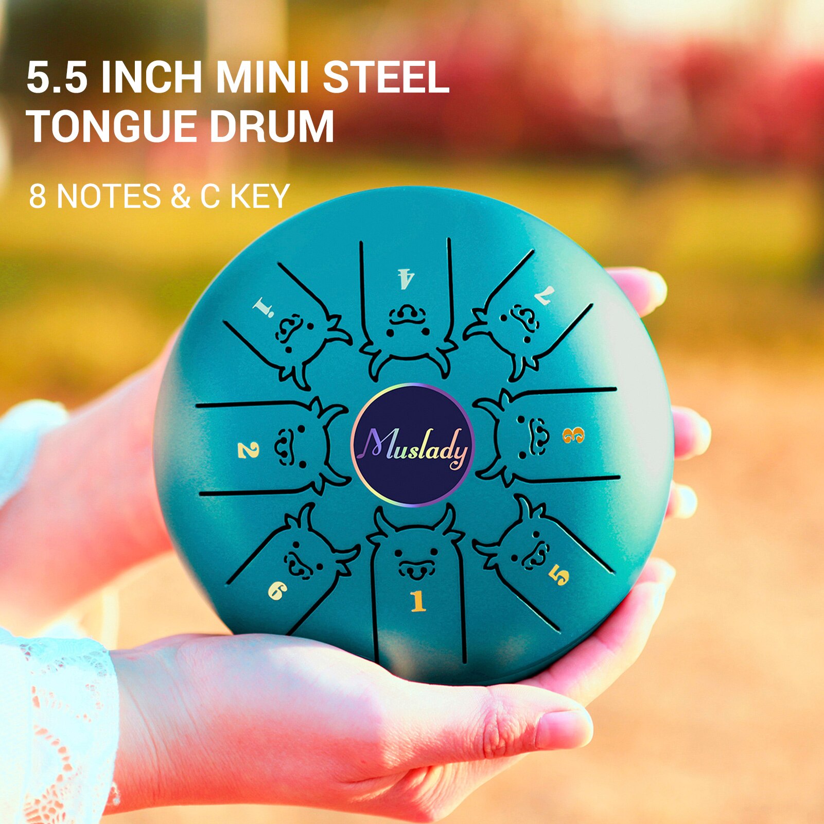 Muslady 5.5 Inches Mini Steel Tongue Drum 8 Notes C Key Handpan Drum Chinese Zodiac Patterned Tank Drum Percussion Instruments