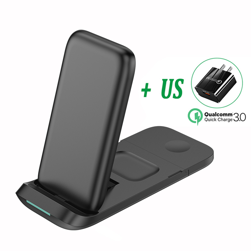 Chargeur sans fil pliable 30W 3 en 1, support pour iPhone 13 11 12 X Pro Max, chargeurs sans fil portables pour Apple Watch/AirPod 3: Black with US Plug