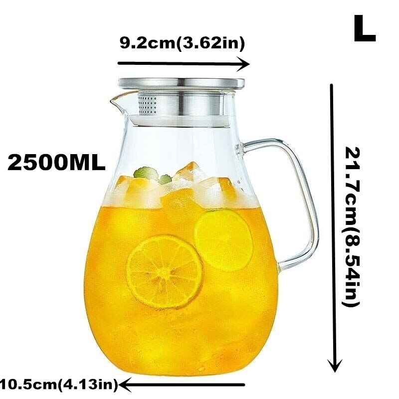 2500ML High Capacity Borosilicate Glass Infuser Teapot Heat-Resisting Tea Pot With Stainless Steel Bamboo Lid Cold Water Kettle: 2500ml steel cover L
