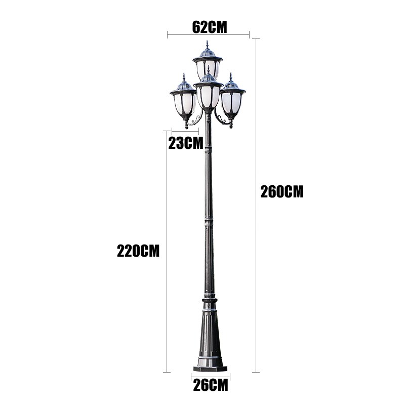 (H≈2.5M)European garden lamp room outdoor street lamp lawn lamp high pole lamp four head garden landscape lamp waterproof: Four heads-black
