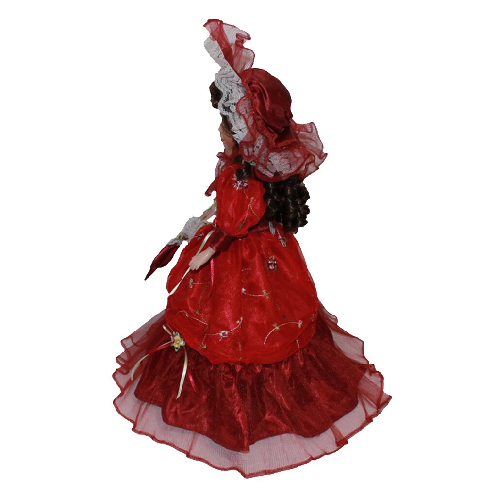 40cm Victorian Porcelain Female Doll Model In Red Long Dress Hat Home Decor