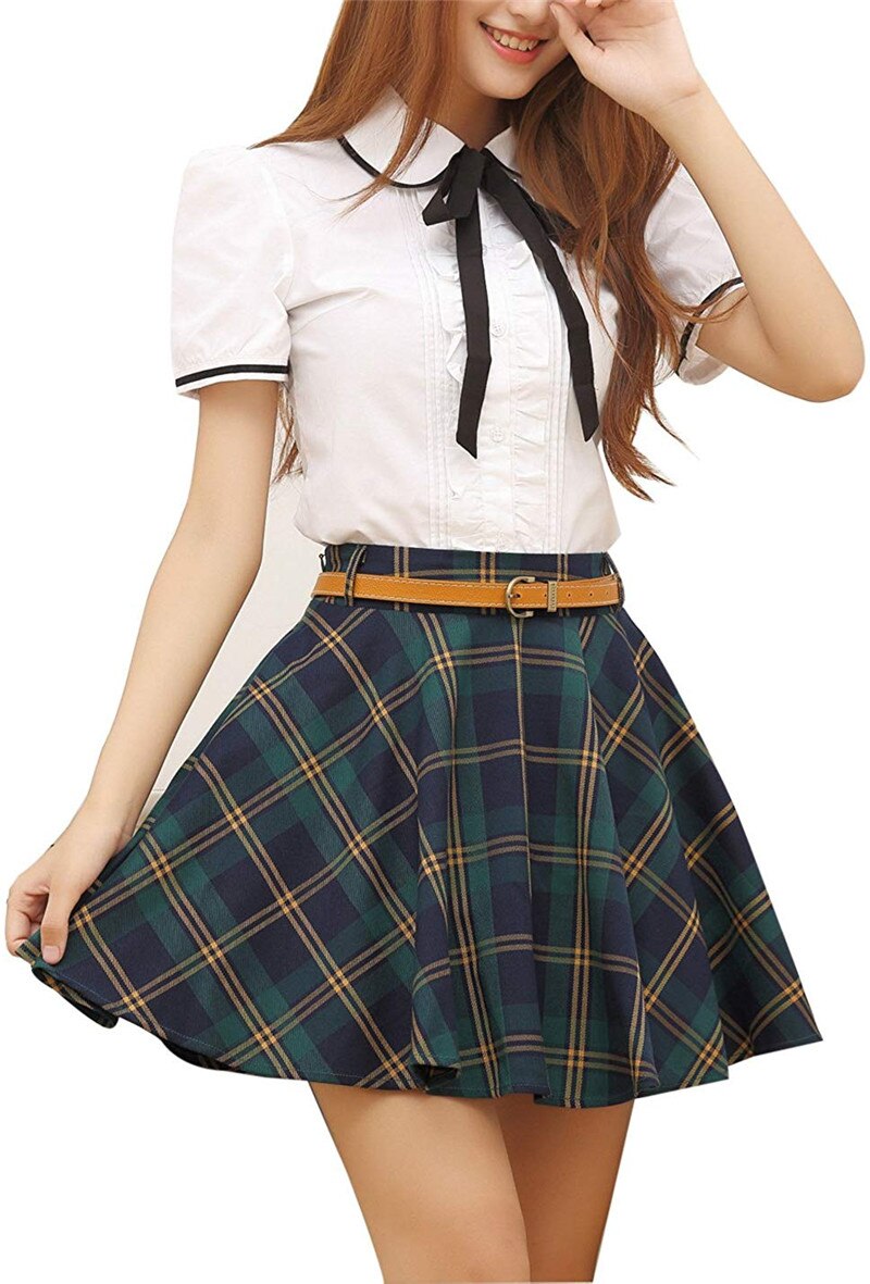 Frauen Und Mädchen Kurzarm Shirt Plaid Rock Schuluniform Plissee Mini Tartan Rock Anzug jubeln Squad Kostüm