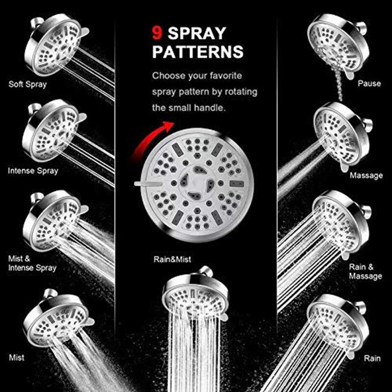 High Pressure Fixed Shower Head Upgraded 9 Functions Adjustable Bathroom Showerhead Multi-Functional Wall Mount Fixed Shower Hea