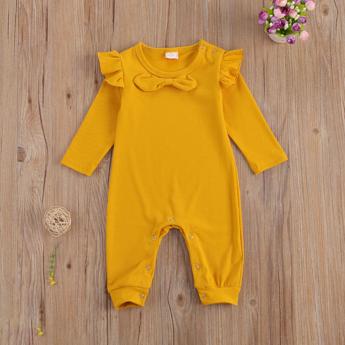 3-12M Herfst Effen Geribbelde Jumpsuit Peuter Jongen Baby Baby Meisjes Lange Flying Mouwen Strik Hals Geribbelde Knop romper Broek