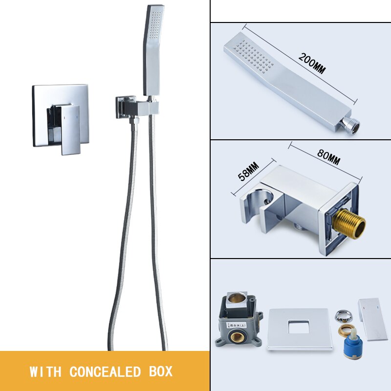 Square Solid Brass Hand Held Shower Head With Wall Connector and Hose Set Bathroom Concealed Valve Chrome Plating Shower Faucet