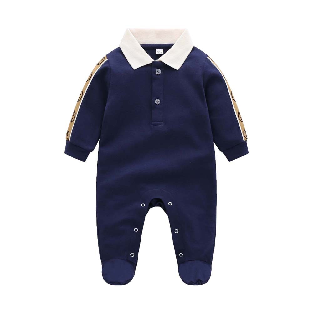 Lente Herfst Mode Stijl Pasgeboren Baby Kleding Donkerblauw Gebreide Katoenen Lange Mouwen Jongen En Meisje Romper 0-24 Maanden