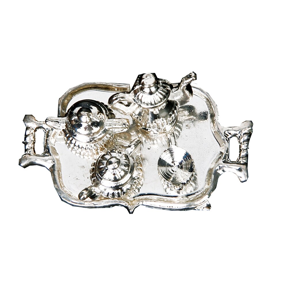 Dolls house Miniature Vintage Silver Tea Coffee Cups Tray Set Tableware 1/12