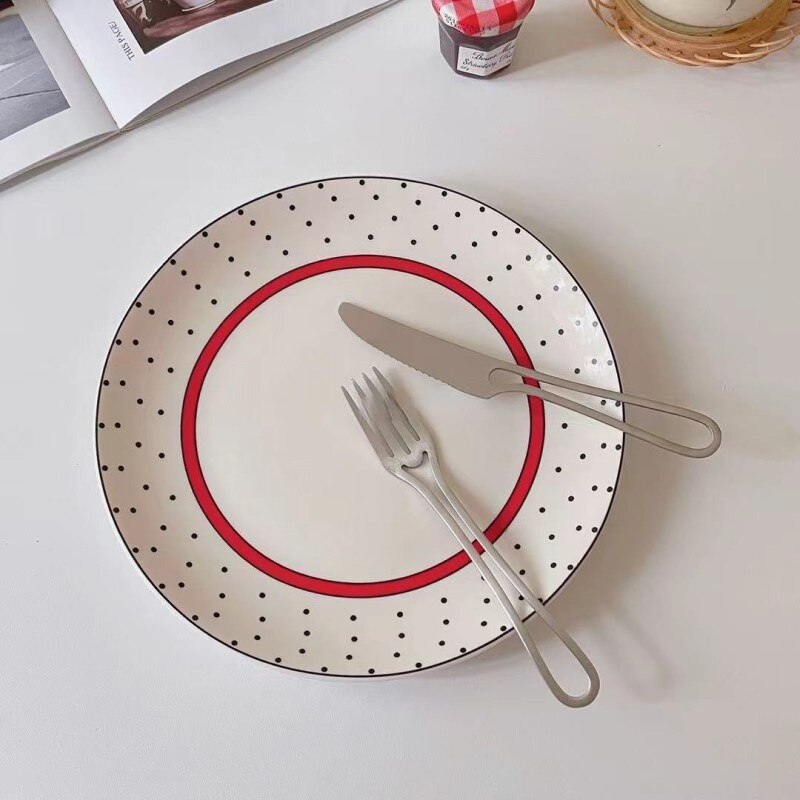 LadyCC Korean Retro Plate Ceramic Red Edge Ceramic Plate Dessert Plate Cake Plate Salad Plate Breakfast Plate