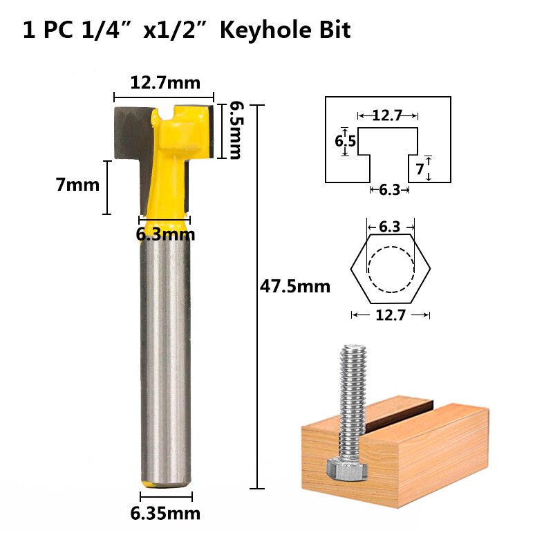 Fraise à trou de serrure à tige de 1/2 " 1/4 ", fraises à rainure en t, fraise à bois, fraise en carbure, fraise à trou de serrure: 1pc 6.35 x 12.7mm