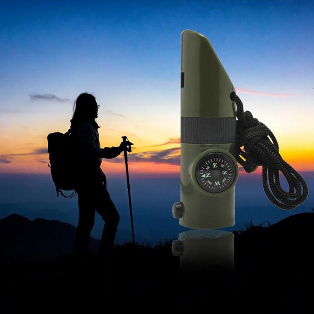 7 In 1 Fluitje Survival Bushcraft Trekking Fluitje Kompas Spiegel Torch Vergrootglas Led Light Thermometer Opslag Kompas Gereedschap