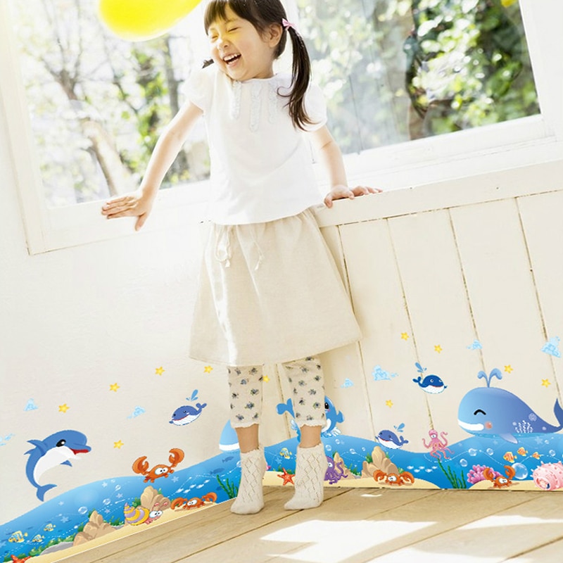 DIY Cartoon Blue Ocean Dolphin Marine Border Stickers Room Baseboard Kids Bedroom Waterproof Bathroom Tub Decoration Decals