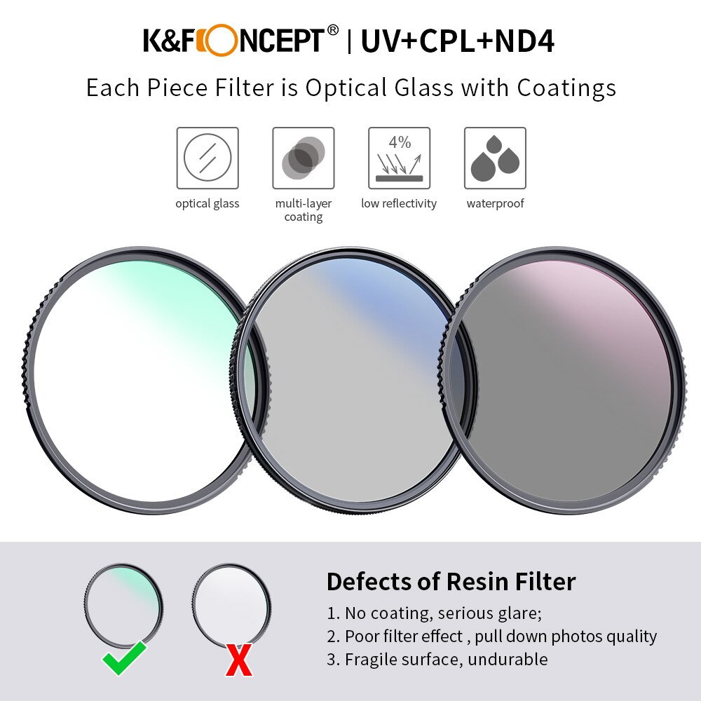 K &amp; F Concept Filter Kit Netural Dichtheid ND4 Mc Uv Filter Cpl Camera Lens Bundel 1Pcs Cleaning Pen en Filter Pouch 58Mm 62Mm 67Mm