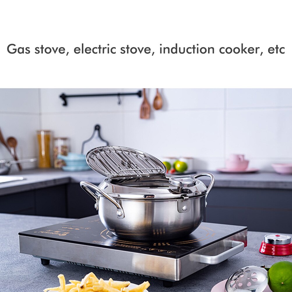 Stainless Steel Kitchen Tempura Fryer Pan Japanese Deep Frying Pot With A Thermometer And A Lid Fried Chicken Pot Cooking Tools