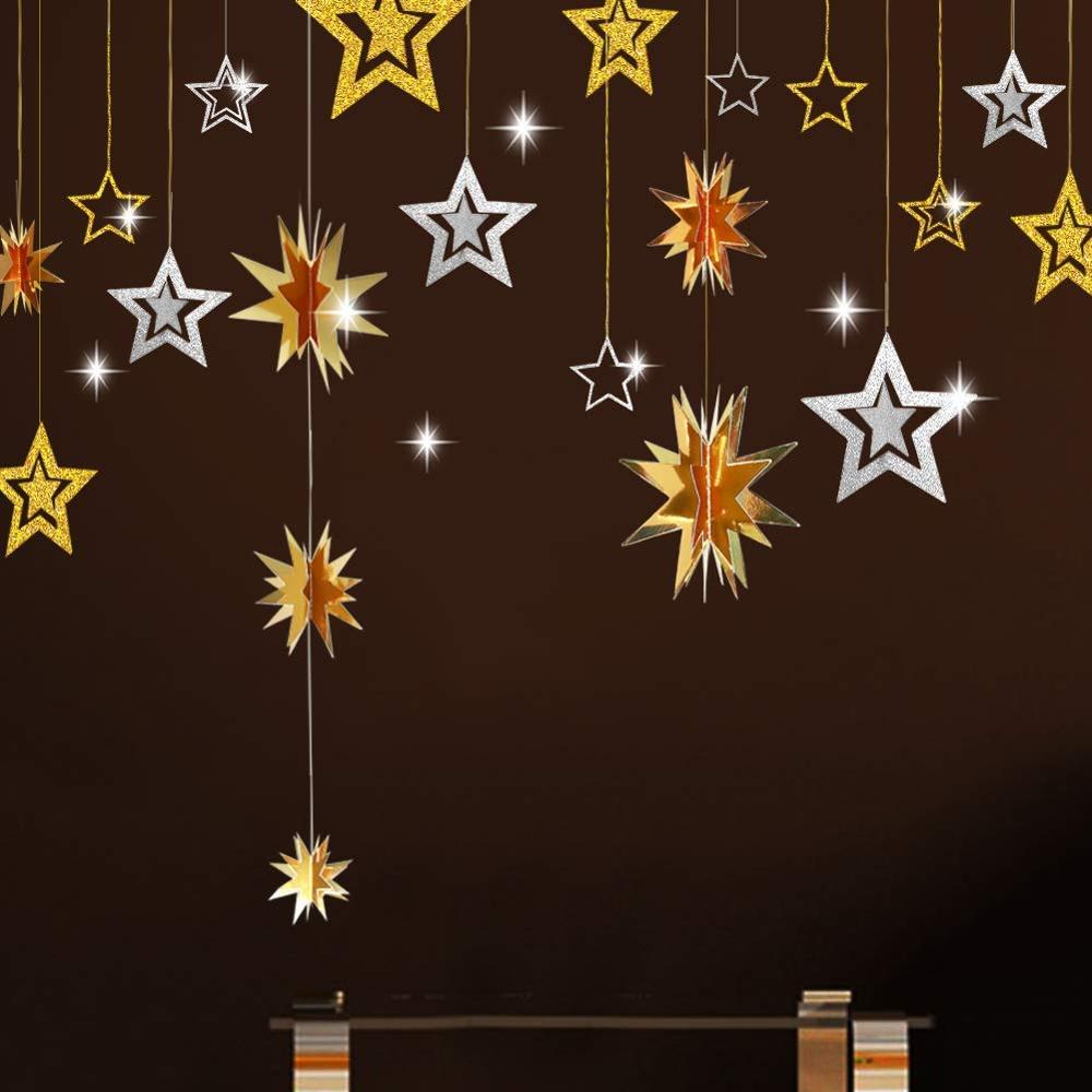 Frozen Birthday Party Glitter Silver Hollow Star Garlands Metallic 3D Star Hanging Paper Garlands Baby Shower Party Supplies