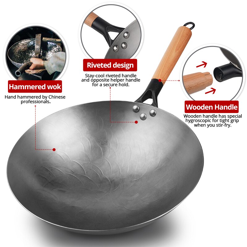 Chinese Wok Uncoated Non-stick Wok Steak and Egg Frying Pan Removable Wooden Handle Dishwasher Completely Kitchen Cookware