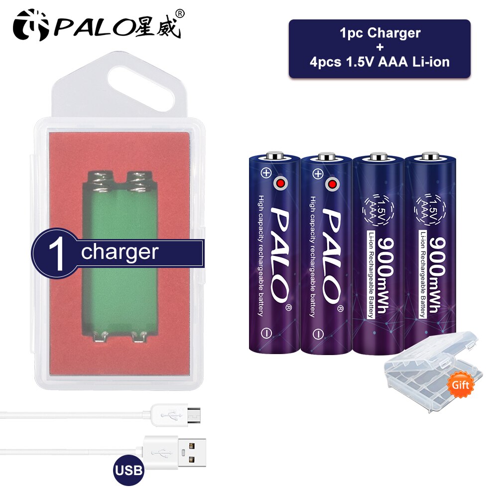 PALO AAA Battery 900mWh 1.5V Lithium-ion AAA rechargeable battery for Remote Control Toy light Batery 1.5v aaa li-ion battery: 4AAA and 1charger