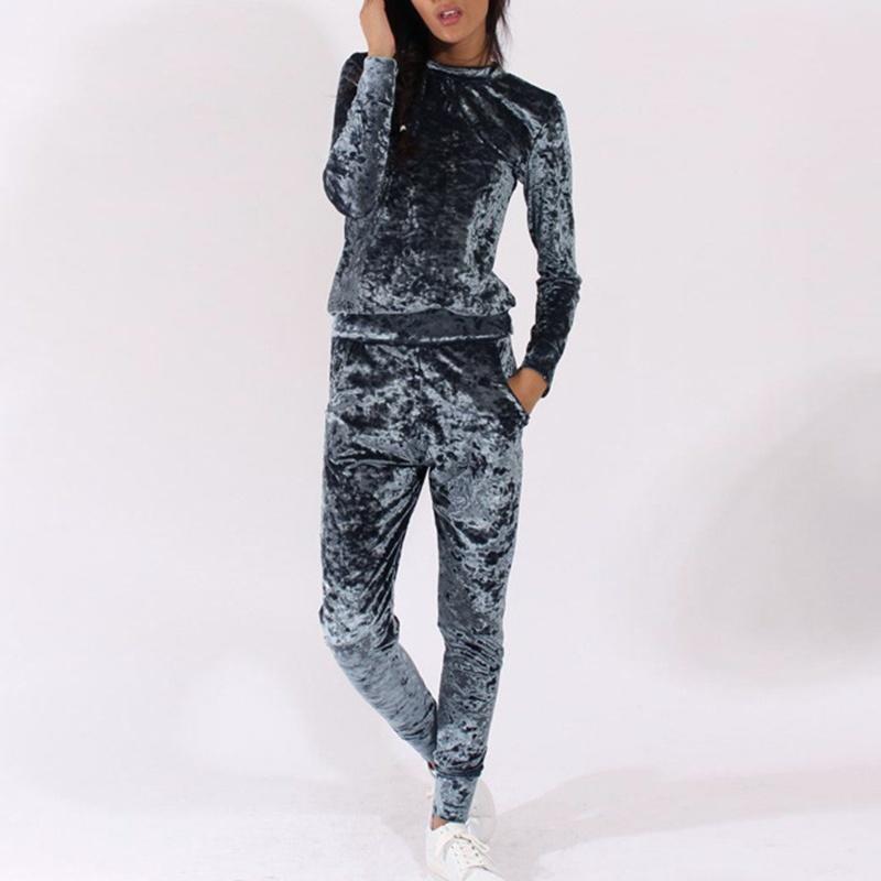 2 stuks koreaanse fluwelen trainingspak voor dames herfst/winter lange mouwen ronde hals sweatshirt en joggingbroek effen kleur sportkleding dames: Grijs / Ik