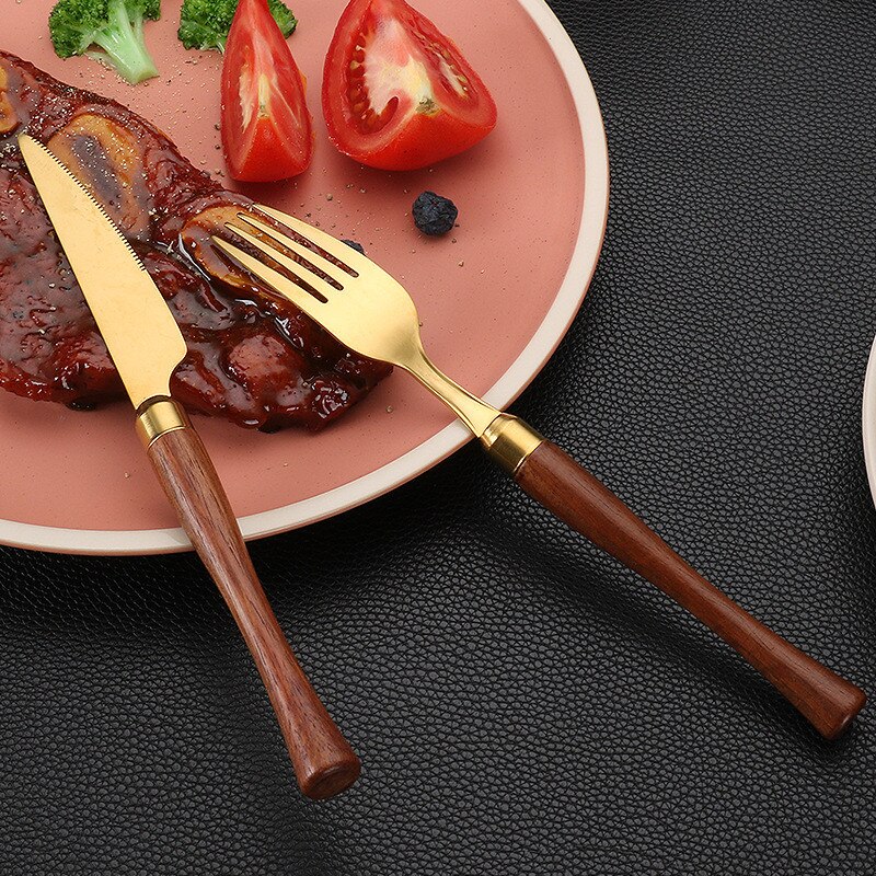 1 Pc Houten Handvat Roestvrij Staal Bestek Westerse Servies Servies Lepels Theelepels Vork Messen Thuis Keukengerei