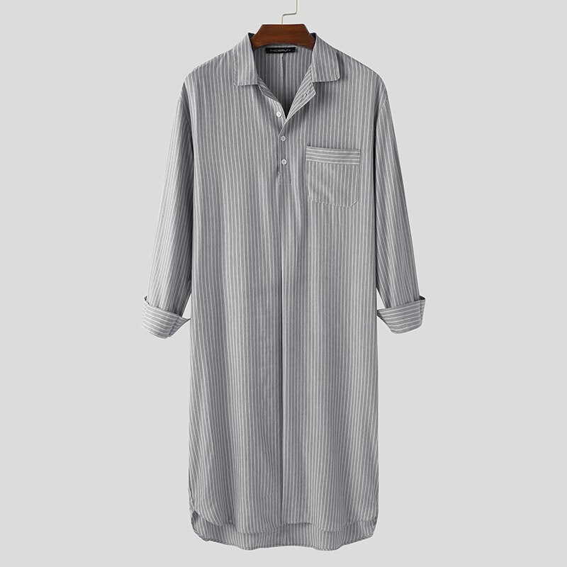 Mannen Gestreepte Gewaden Leisure Revers Lange Mouw Knop Comfortabele Homewear Nachtjapon Casual Heren Badjassen Nachtkleding S-5XL Incerun: Grey / 5XL