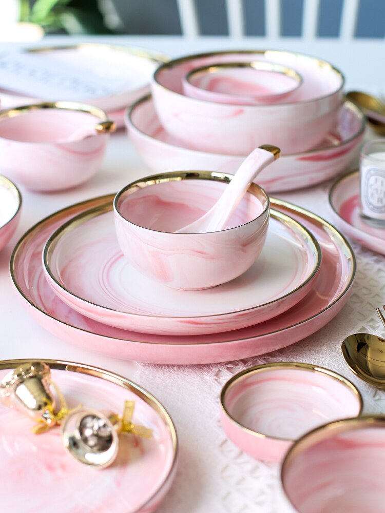 Pink gylden kant bordservice phnom penh geometri bordservice keramisk aftensmad tallerken fad porcelæn dessert tallerken servise kageplade