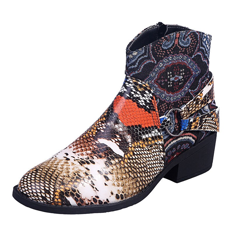 2020 botas de tornozelo de moda feminina dedo do pé redondo botas de salto quadrado baixo outono/inverno com zíper sapatos de pele de cobra padrão botas de plutônio zapatos 43: Yellow serpentine / 37