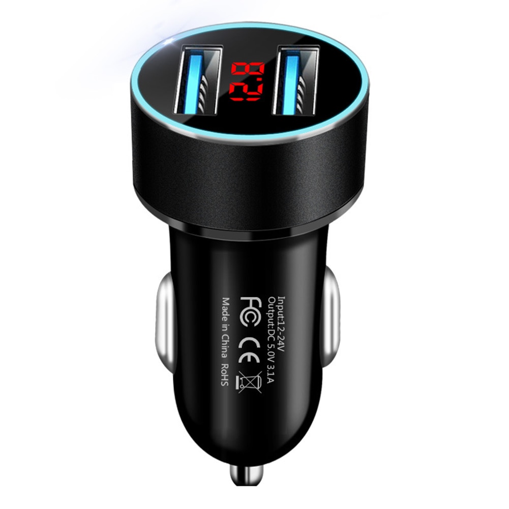 3.1a dubbla usb-portar lcd-skärm qucik bil bil mobiltelefon snabbport usb snabbladdare adapter: Svart