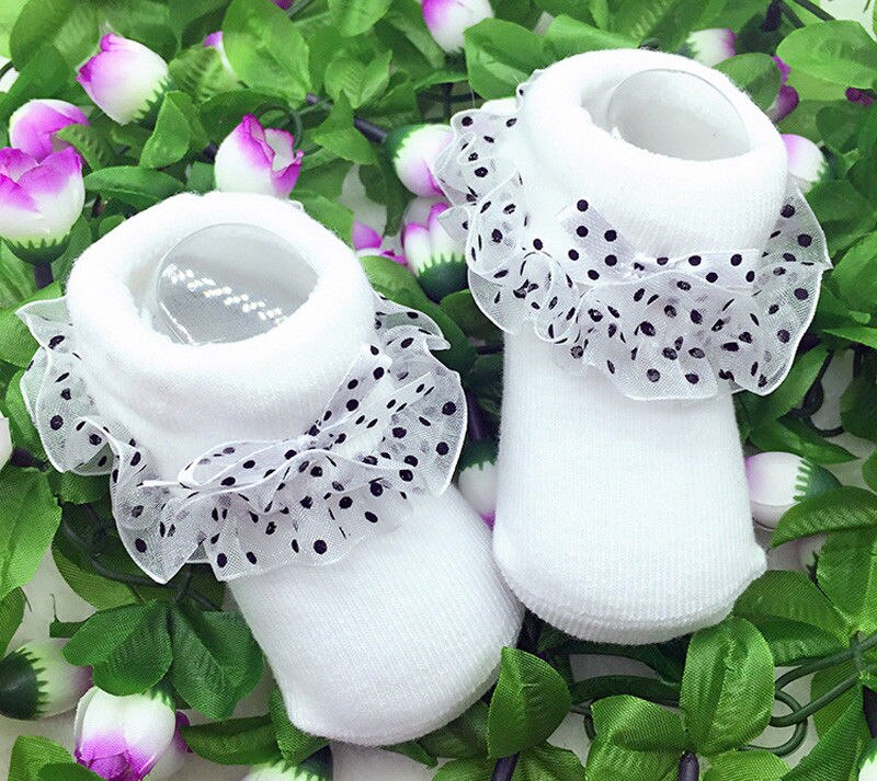 Gloednieuwe Pasgeboren Baby Kids Baby Meisjes 0-12M Kant Verstoorde Katoen Sokken Stippen Strik Kant Warm stroken Sok 3 Kleuren: WHITE