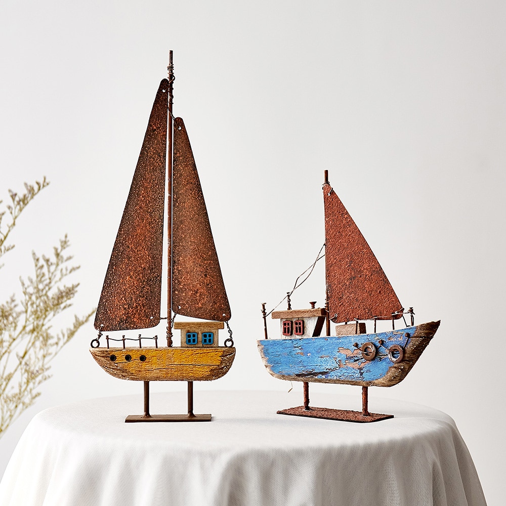 Wooden Ship Model Modern Home Decoration Iron Retro Sailboat Figurines Office Desk Decorative Birthday Christmas
