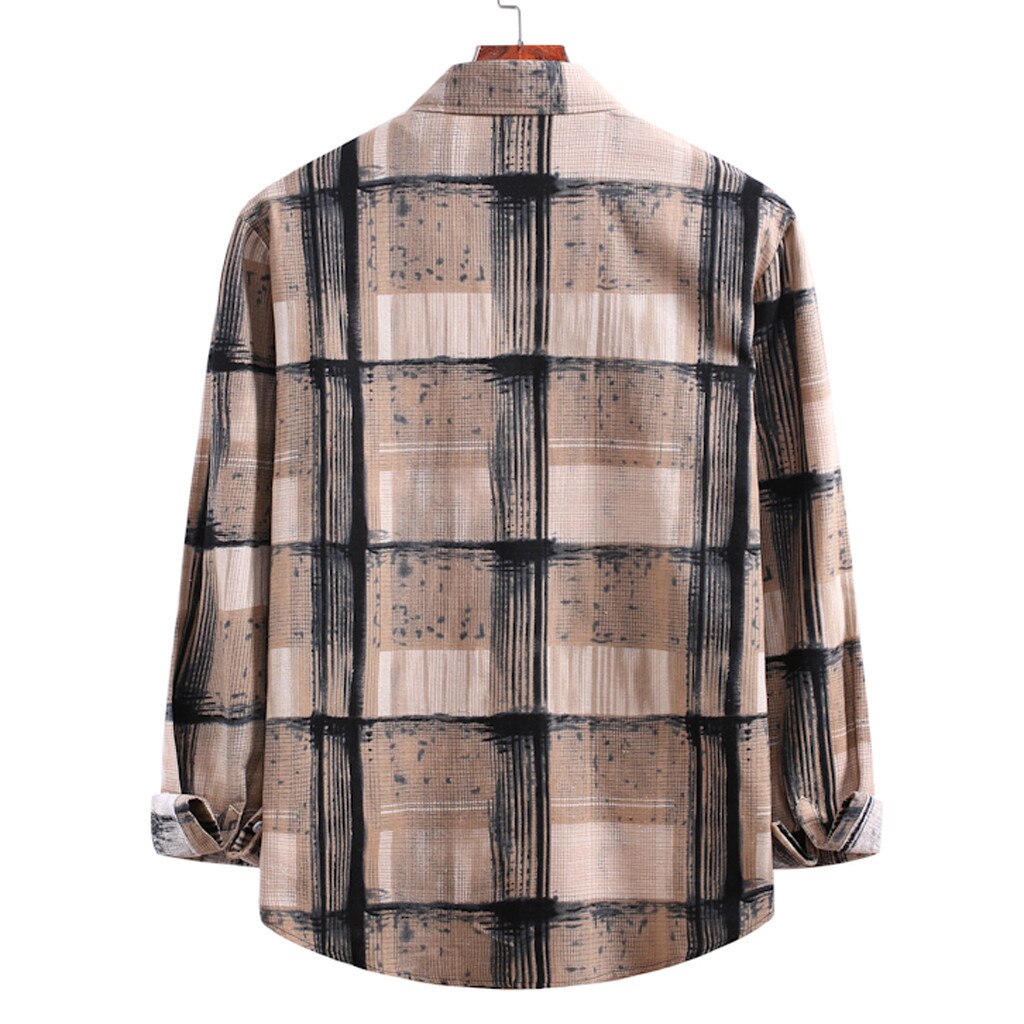 Casual camisa masculina camisa de manga comprida camisa de lapela de impressão xadrez camisa de manga comprida masculina marca baggy camisa casual chemise homme