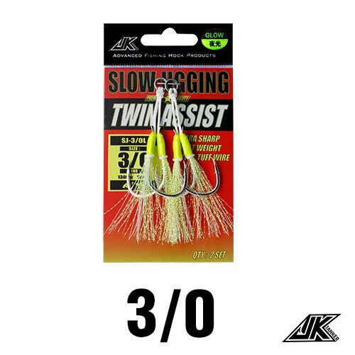 JK Fishing Hooks Sea Glow 1/0 2/0 3/0 4/0 Fish Assist Hook Twins Double Fishery Fishhooks Jig Slow Feather for Fishing Attract: SJ- 3 l 0