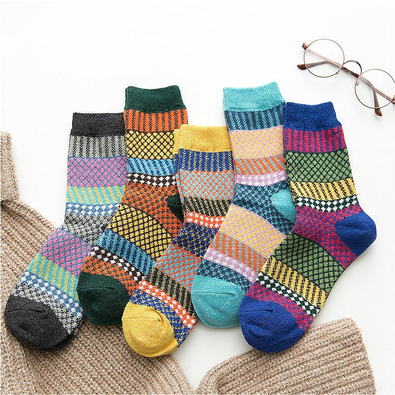 Dames Wollen Katoenen Sokken - 5 Paar - Dikke Winter Casual Ruitjes - 25cm Lengte