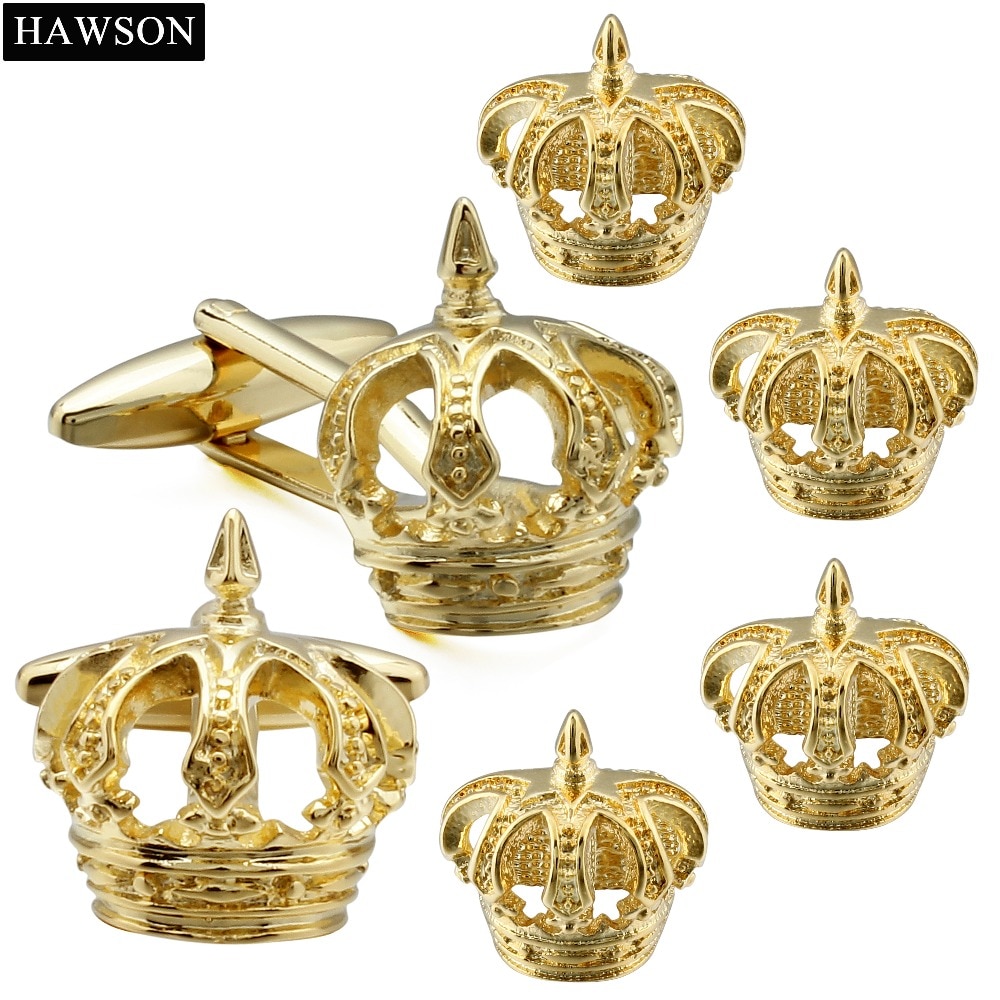 HAWSON, gemelos de corona, conjunto de pendientes con pasantes, puño de Metal dorado, botones de enlaces para camisa de esmoquin para padrinos de boda, joyería para camisa