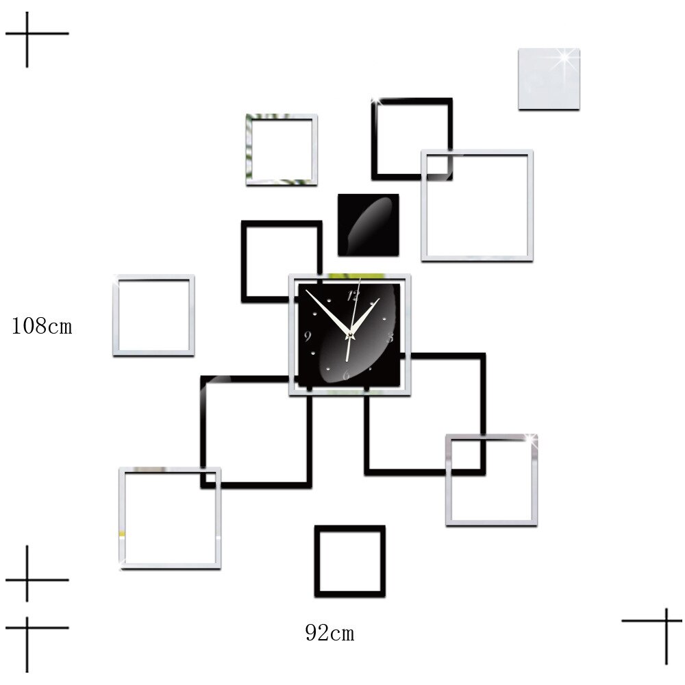 best selling square combination personality photo frame mirror wall clock mute wall clock bedroom study living room decoration: Silver and black