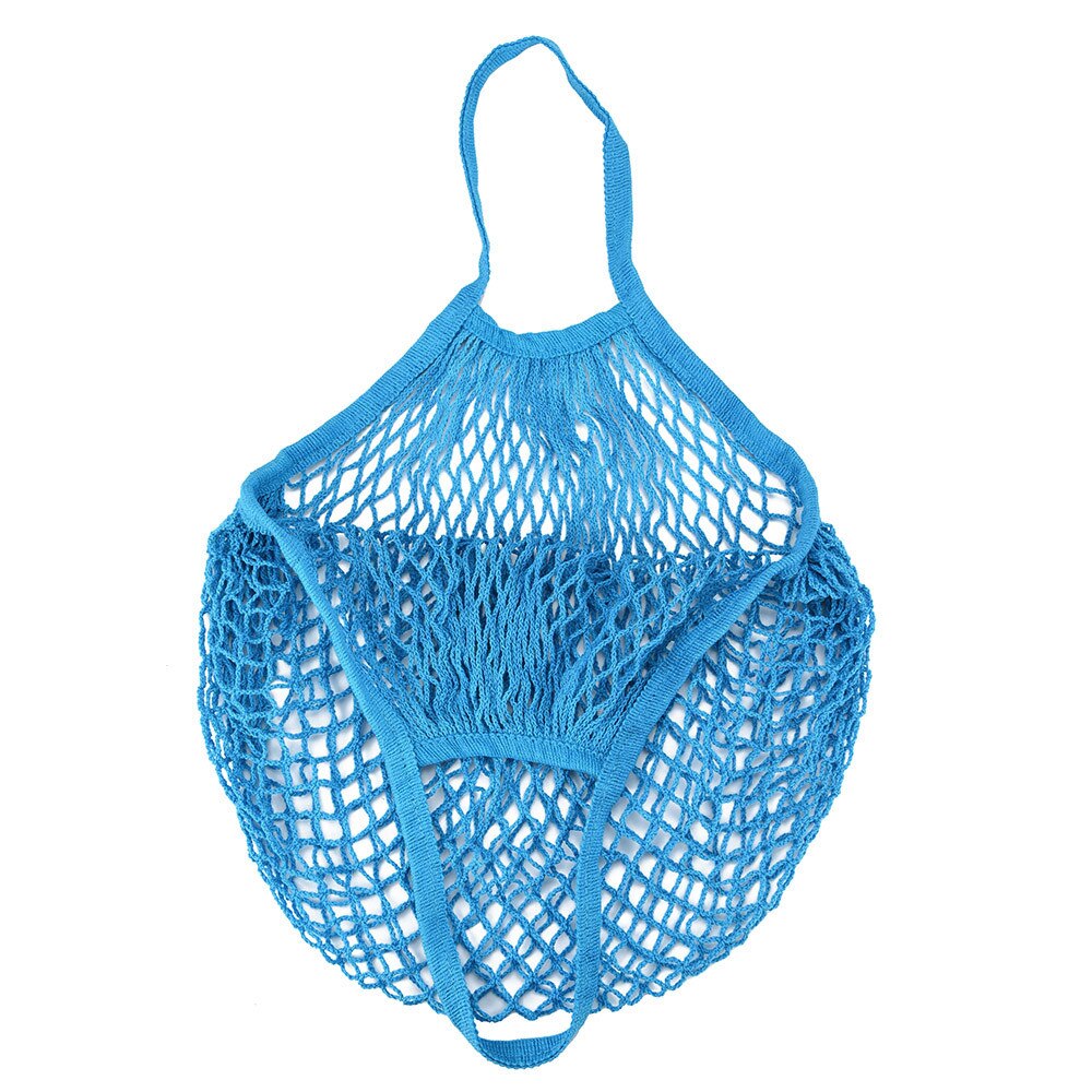 Bakken Mesh Zak Katoen String Winkelen Schildpad-Zakken Kruidenier Lange Handvat Netto Schoudertas Fruit Groente Herbruikbare Pure kleur: Blauw