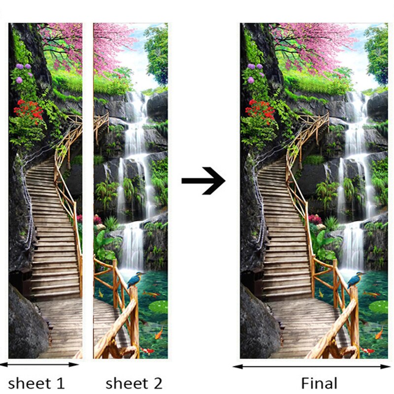 2 Pieces/Set Self-Adhesive Door Sticker 3D Waterfall Landscape Mural Wallpaper Living Room Dining Room Home Decor PVC Stickers