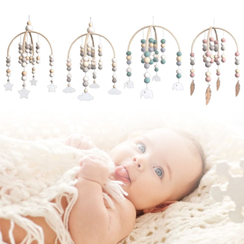 Baby Wool Balls Wooden Beads Mobile Rattles Bed Bell Wind Chimes Toy Decorations