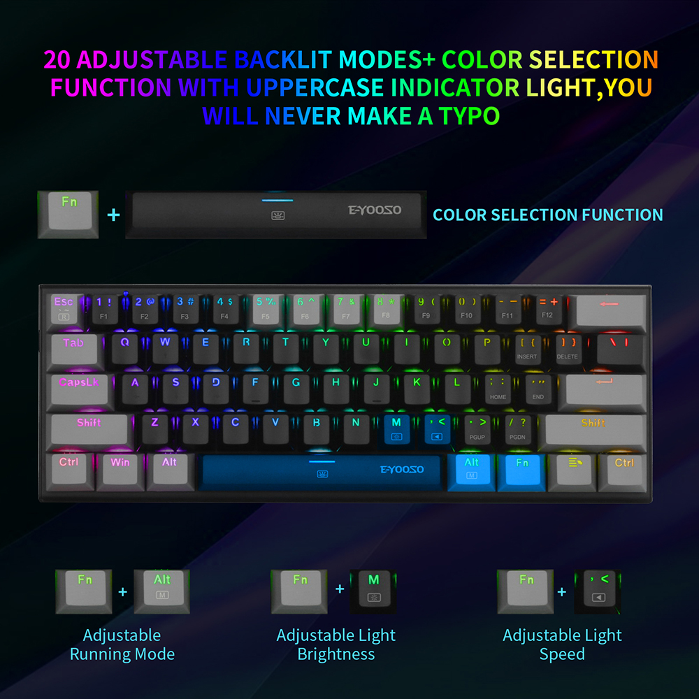 ! 61 Keys Mechanical Keyboard Game Keypad RGB Backlight Type-C USB Wired Waterproof 60% PC Gaming Keyboard for PC