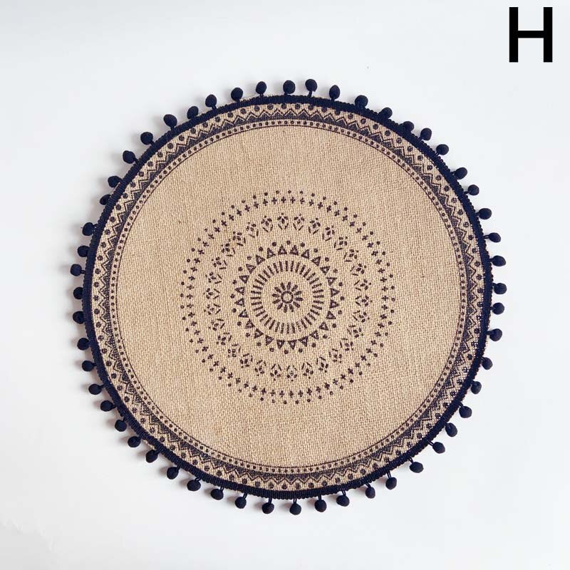 Prachtige Geweven Jute Katoen Tafel Mat Bohemian Stijl Afdrukken Placemat Ronde Voedsel Pad Dining Servies Coaster Keuken Decor: H