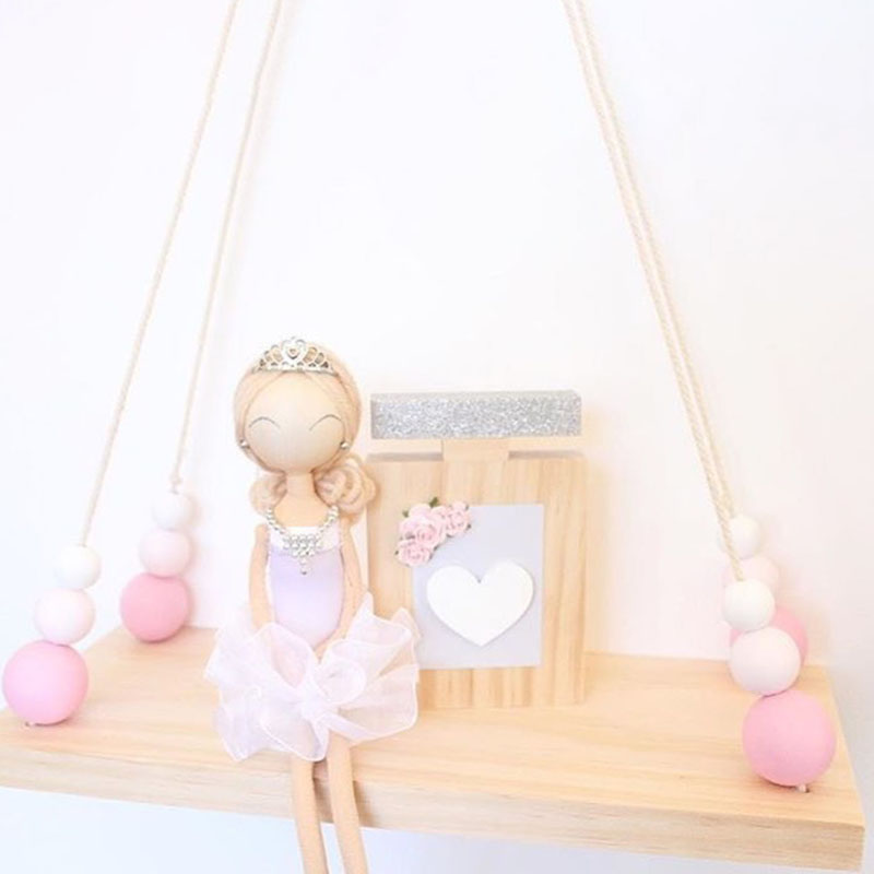 Scandinavische stijl houten kralen kwastjes opbergrek muur touw hangende plank voor decoratie van slaapkamer woonkamer display stand