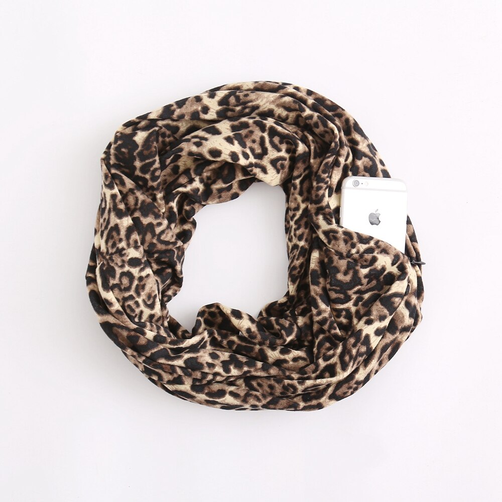 HanXi Secret Pocket Scarf with Zipper for Women Travels Leopard Crircles Scarves Soft Unisex Ring Scarf: leopard light brown