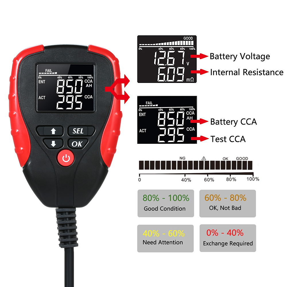 Digital 12V Car Battery Tester Automotive Battery Load Tester Analyzer with AH/CCA Mode Vehicle Battery Diagnostic Testing Tool