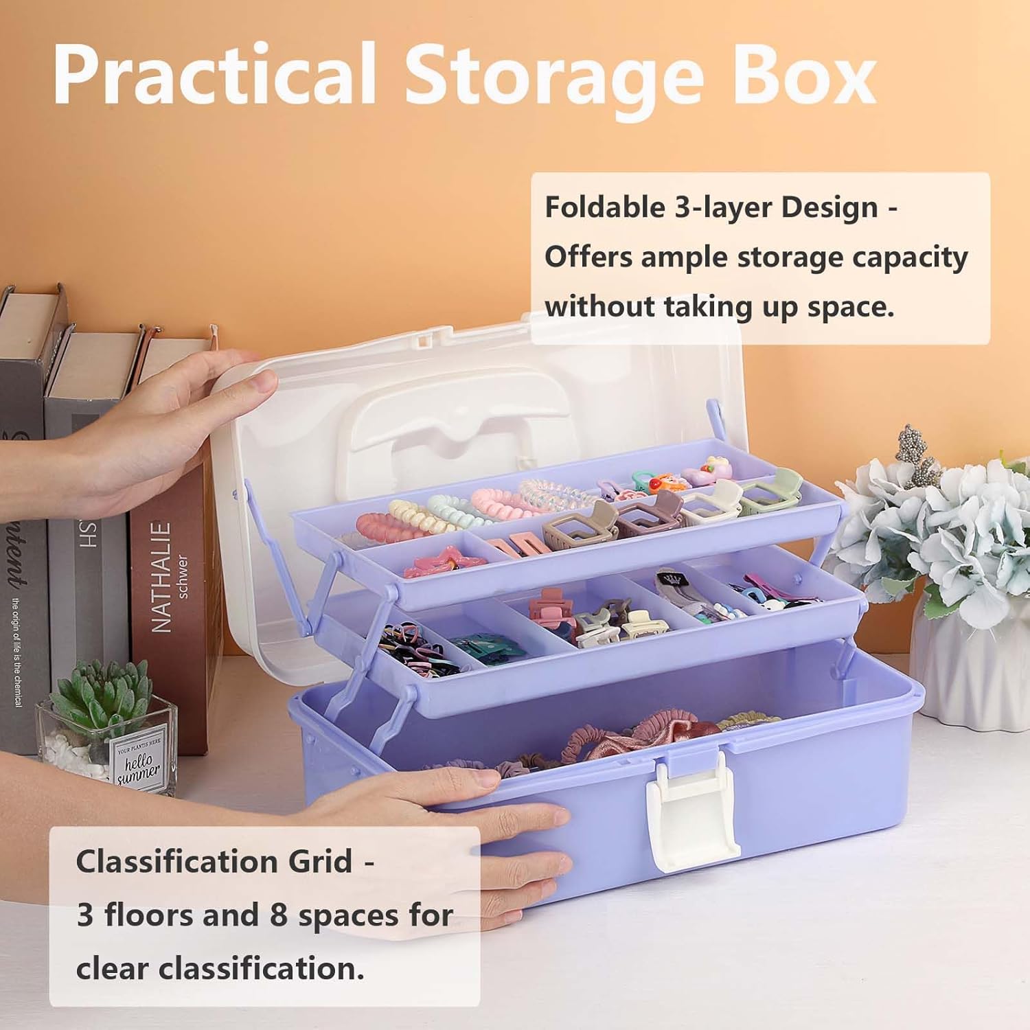 Three-layer plastic storage box 12.4-inch multifunctional craft storage box with dividers and handles, foldable