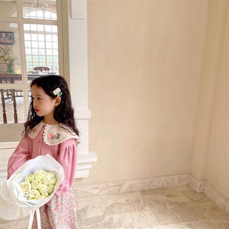1650C cappotto da ragazza 2022 primavera nuovi vestiti per bambini coreani Cardigan lavorato a maglia in pizzo colletto rovesciato cappotto sottile Waffle: Pink / 100 for 3y