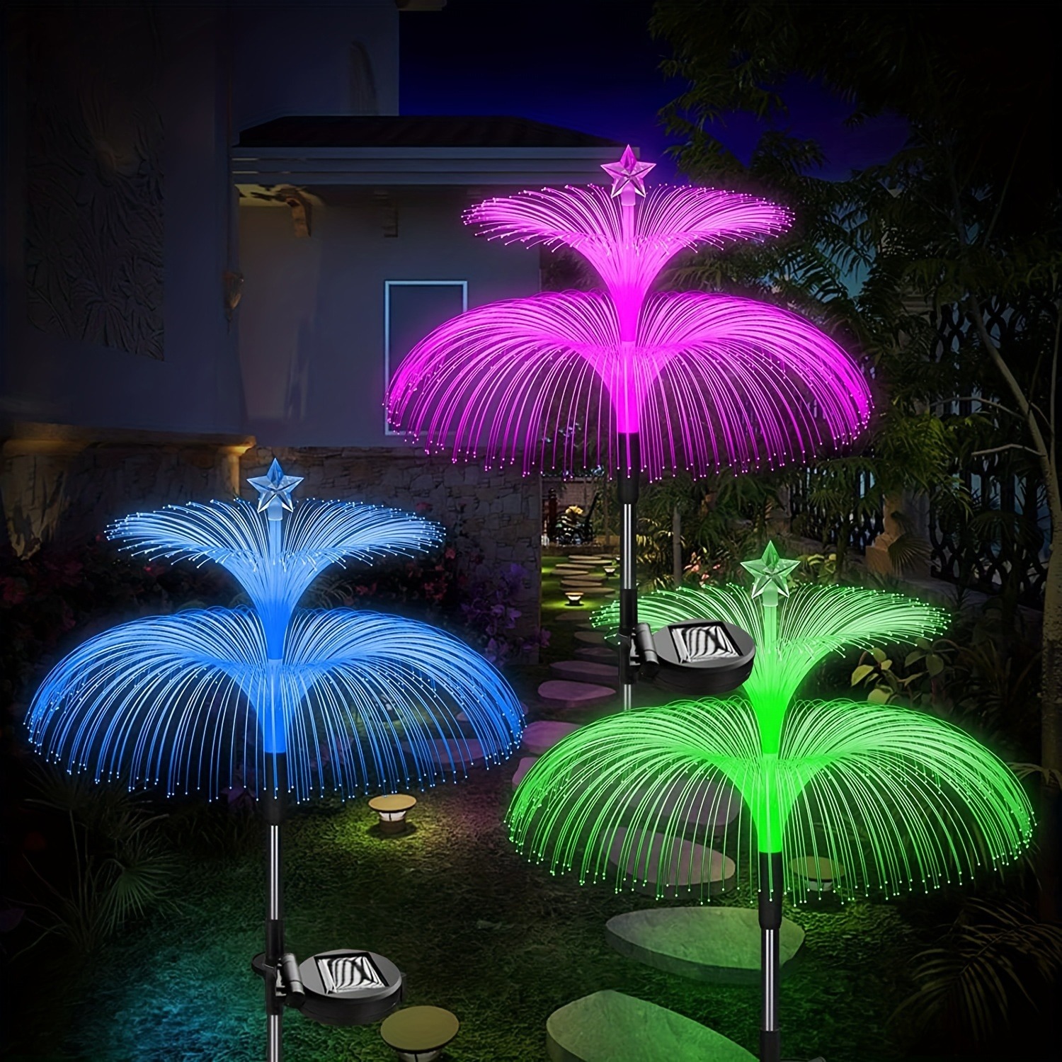 Luces solares para jardín al aire libre, 7 colores, estaca Solar Variable, luces de caña de medusas, luces solares que cambian de Color para exteriores, 1 ud.: Luna Azul