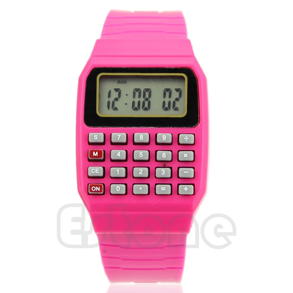 Calculadora electrónica para niños, reloj de pulsera con teclado multiusos con fecha de silicona, 667C: Hot Pink