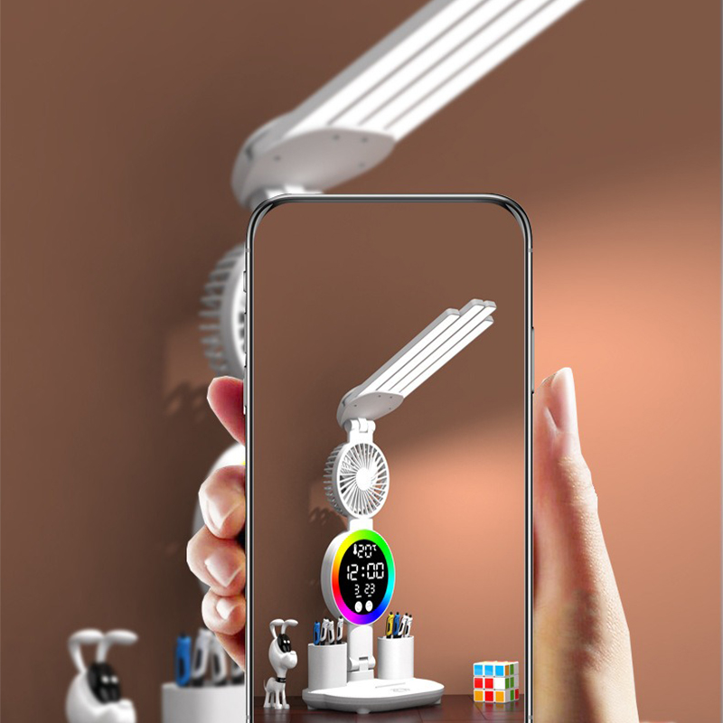 Candeeiro de mesa recarregável para estudo, candeeiro de mesa luz de leitura led candeeiro de mesa com ventilador, relógio led dispaly lâmpada de leitura