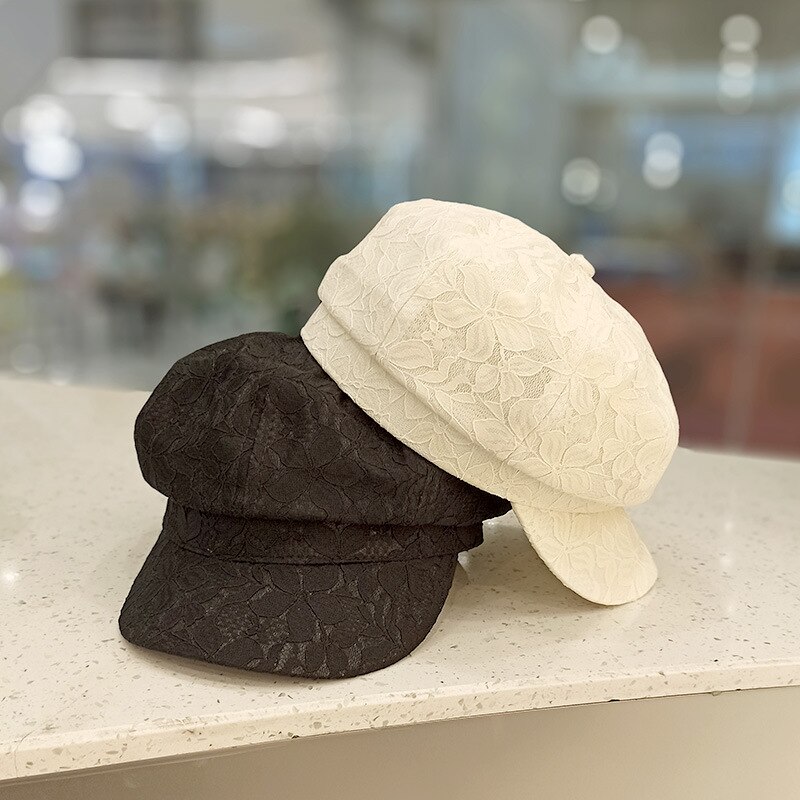 Foux Newsboy Caps Summer Spring Women Lace Thin Pure Color Breathable Baker Boy Painter Hat Adjustable Korea Japanese