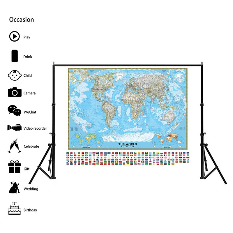 150x100cm World Political Map with Vegetation Cover and Population Density Goode Projection World Map Wall Sticker for Education